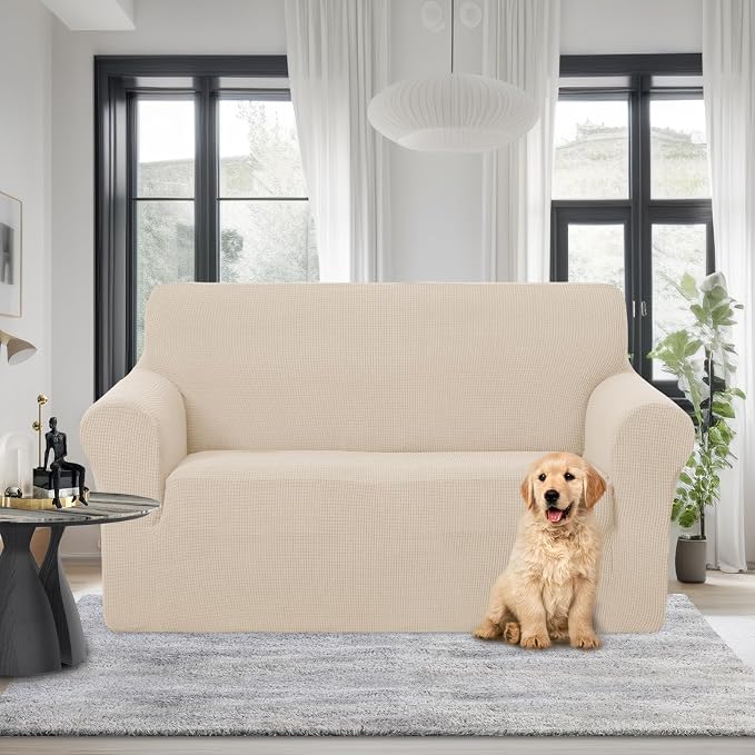 U-NICE HOME Loveseat Cover Stretch Couch Cover Sofa Slipcover, Beige | 2 Cushion Sofa, 1-Piece Sofa cover, Washable, Pet friendly, Furniture protector, Polyester Spandex Jacquard fabric - Image 2