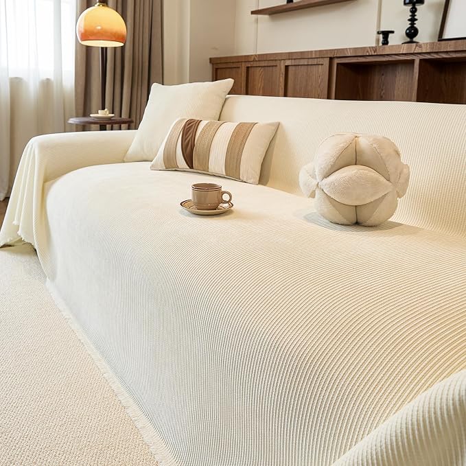 VClife Vintage Creamy White Striped Couch Cover with Tassel, 71" X 118" | Soft Thick Chenille Couch Covers for 2 Cushion Couch Sofa, Washable Sofa Covers for Sectional Sofa, Fade & Shrink Resistant - Image 4