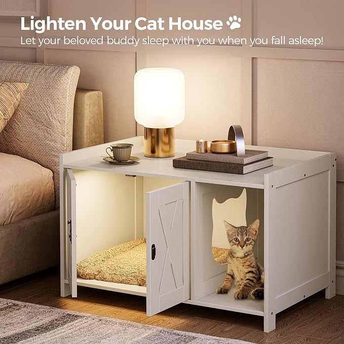 MAHANCRIS Cat Litter Box Enclosure, Hidden Litter Box Furniture with Divider, Indoor Cat House, Wooden Cat Washroom Storage Cabinet Bench, Side End Table Nightstand, White CWWT2501 - Image 3