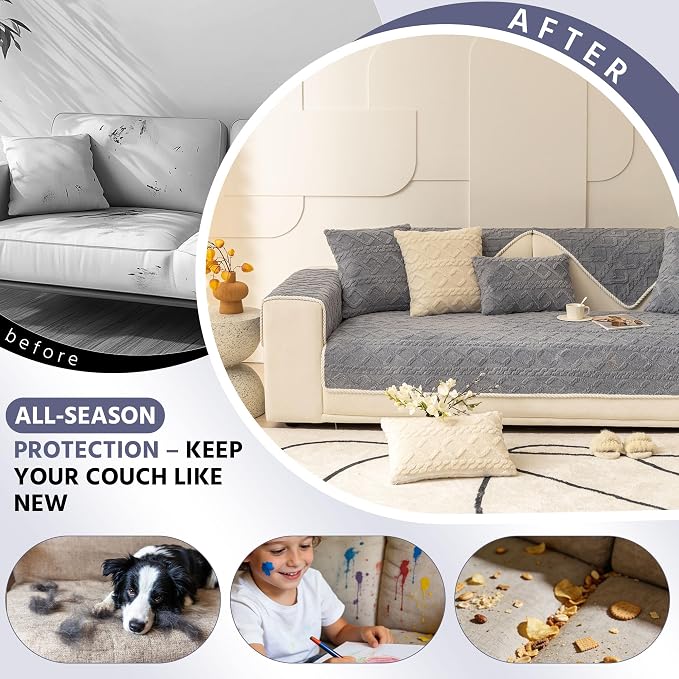 OTOB All Season Couch Covers for 3 Cushion Couch Sofa, Washable Plush Sofa Slipcovers Cozy Pet Furniture Protector, Geometric Jacquard Non Slip Soft Dog Couch Cover, 1 Piece (Light Gray, 27.6"x82.7") - Image 2