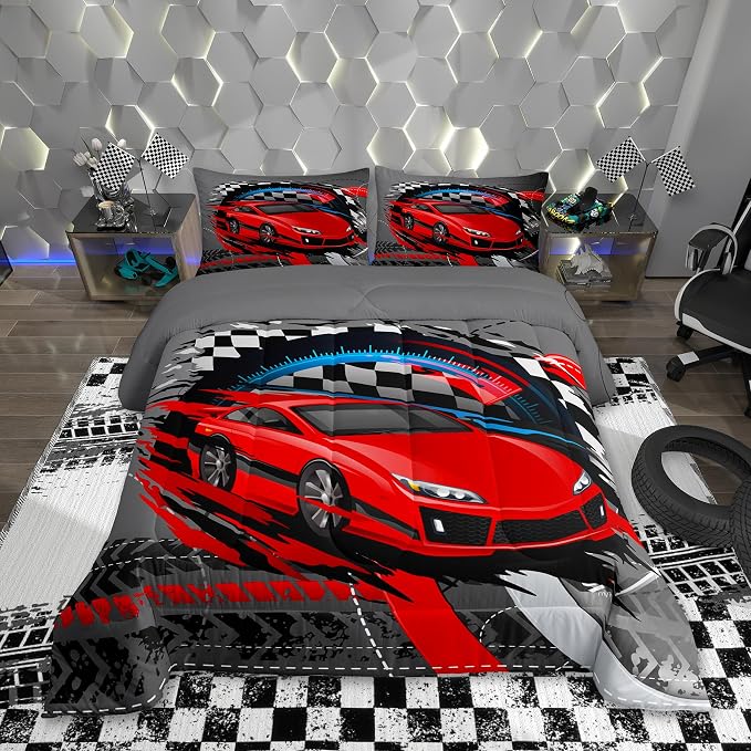 Homewish Sports Car Comforter Set Queen,Red Race Car Extreme Sport Bedding Set 3pcs for Kids Teens Boys,Competitive Gaming Duvet Insert Set Black White Grid Quilted Duvet Set with 2 Pillowcases,Grey - Image 2
