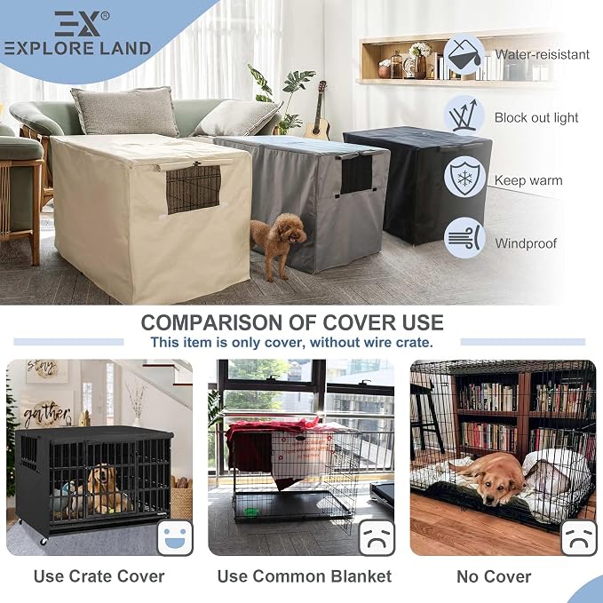 Explore Land Dog Crate Cover Heavy Duty Polyester Pet Kennel Sunshade Universal Fit for 18 inches Wire Cage (Black) - Image 4