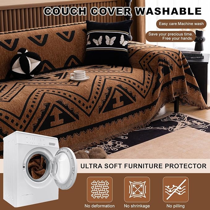 ROOMLIFE Dark Brown Couch Cover 3 Cushion Sofa, Washable Non Slip Furniture Sofa Protector Cover, Soft Chenille Sofa Slipcovers Sectional L Shape Dogs Couch Cover Throw Blanket with Tassels71''X150'' - Image 6