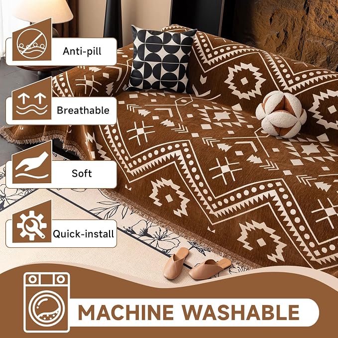 VClife Bohemian Couch Cover Aztec Geometric Chenille Sofa Cover for Sectional Couch - Brown and White Zigzag Pattern Sofa Slipcover for 2 Cushion Couch Sofa 71" X 150" - Image 4