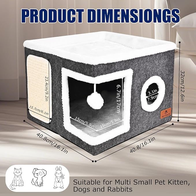 Felt Cat Cave Beds for Indoor Cats, Foldable Cat Hideaway with Scratch Pad and Fluffy Ball, Large Covered Cat House with Reversible Cushion for Multi Small Pet - Image 2