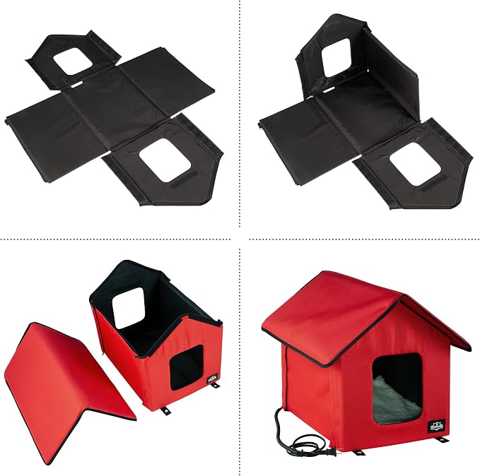 Heated Cat House - Double-Door Cat Bed with Zippered Roof, Pet Heating Pad, and Sherpa Cover - for Garage, Porch, Barn, or Basement by PETMAKER (Red) - Image 5