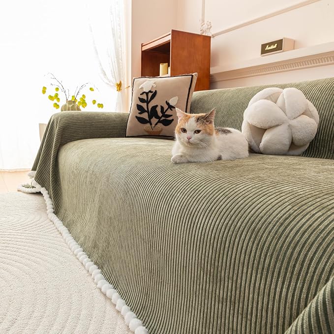 VClife Boho Couch Cover, Thickened Furniture Protector, Green, 71"X134" | Heavy-duty Pet Resistant Thick Chenille Fabric, Modern Striped Pattern, Fluffy Pom-pom Trim, Kids & Pets Household Friendly - Image 5