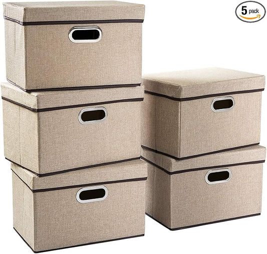 PRANDOM Collapsible Storage Containers with Lids [5-Pack] Jute Fabric Foldable Storage Bins Boxes Organizer Baskets Cube with Cover for Home Bedroom Closet Office Nursery (14.9x9.8x9.8) by Prandom