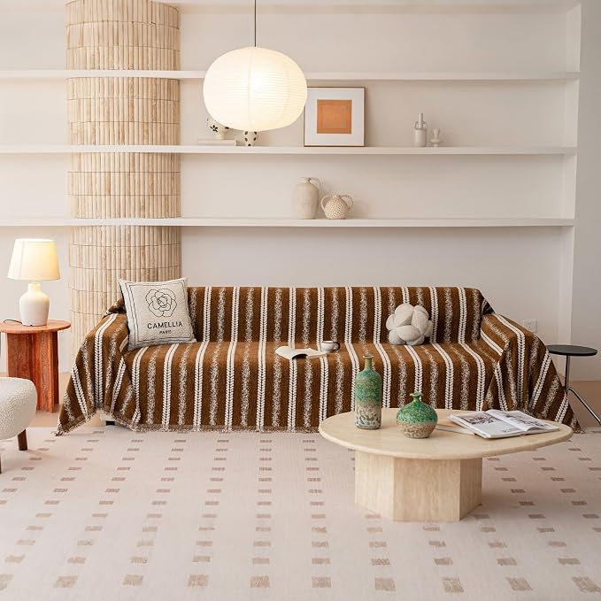 VClife Sofa Cover Bohemian Striped Pattern Couch Cover for Oversized Sofa - Caramel Brown Creamy White Textured Sofa Slipcover Washable Furniture Protector for Couch Decorative Couch Cushion Cover by VCLIFE