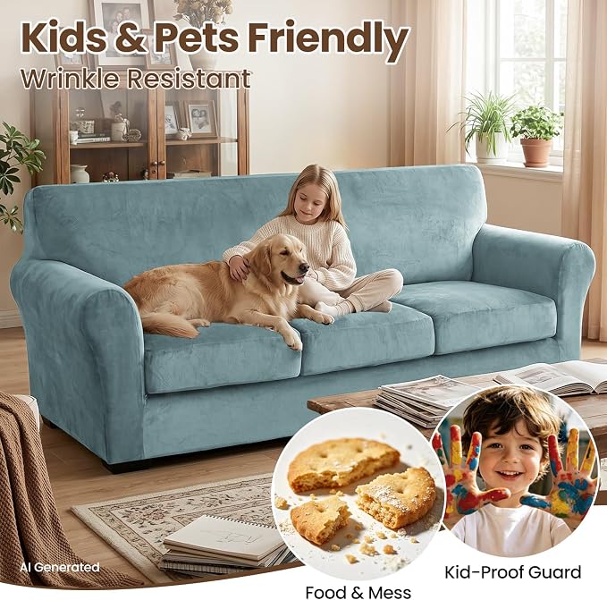 XINEAGE 4-Piece Velvet Oversize Sofa Cover, Couch Covers for Dog,Gray Blue | 3 Cushion Large Sofa,Stretch Non-slip Elastic, Pet-friendly, Washable, Fast Setup, Soft Plush Fabric, Furniture Protector. - Image 6
