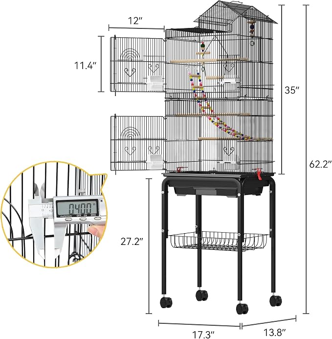 DWVO 62-inch Metal Bird Cage | Bird Cage Spacious for Cockatiels, Parrots, Pigeons, Lovebirds, Features Roof Access and Rolling Stand Black - Image 2
