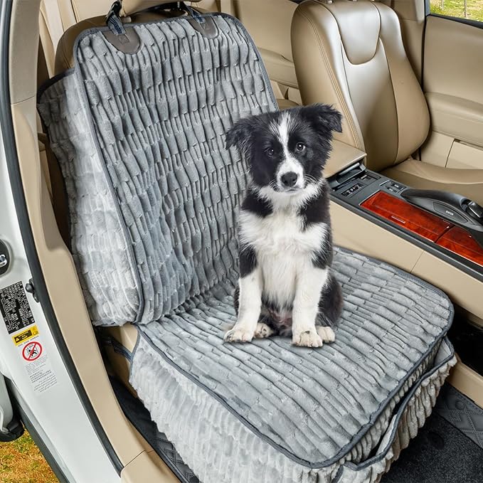 Front Seat Dog Car Seat Cover, Plush Waterproof Protector, Grey | Non-Slip Backing, Soft, Side Flaps, Full Coverage, Hair, Dirt & Scratch Defense, Machine Washable, Fits Cars, SUVs & Trucks by YOVEEKLE