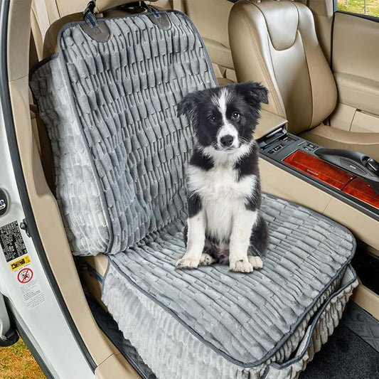 Front Seat Dog Car Seat Cover, Plush Waterproof Protector, Grey | Non-Slip Backing, Soft, Side Flaps, Full Coverage, Hair, Dirt & Scratch Defense, Machine Washable, Fits Cars, SUVs & Trucks by YOVEEKLE