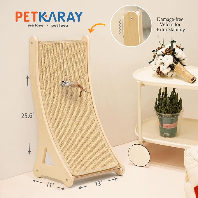 PETKARAY Curved Cat Scratcher, Sisal Kitty Scratching Ramp, L Shape Scratch Pad for Indoor Cats, 25.6" Furniture Protector with Mouse Toy - Image 6