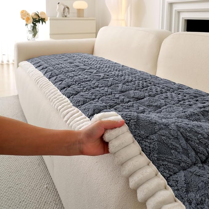 OTOB All Seasons Sofa Covers for 3 Cushion Couch Washable, Geometric Jacquard Fuzzy Non-Slip Pet Couch Cover, Kids Pet Friendly Soft Plush Sofa Slipcovers Dog Bed Mats (Dark Gray, 27.6" x 70.9") - Image 9