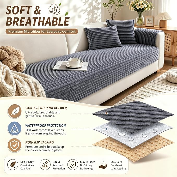 Waterproof Couch Cover for Dogs, Sofa Covers Washable & Non-Slip, Soft Dog Bed Blanket Protector for Sectional, Loveseat, Living Room Furniture (Light Gray, 35.43"x 94.49" 1 Pack) - Image 2