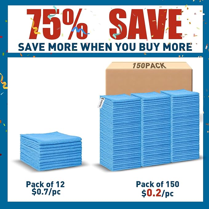TEAWOO Microfiber Towels Bulk-150 Pack, Cleaning Cloths, Microfiber Towels for Cars, Cleaning Rags Blue (12x12 inches) - Image 2
