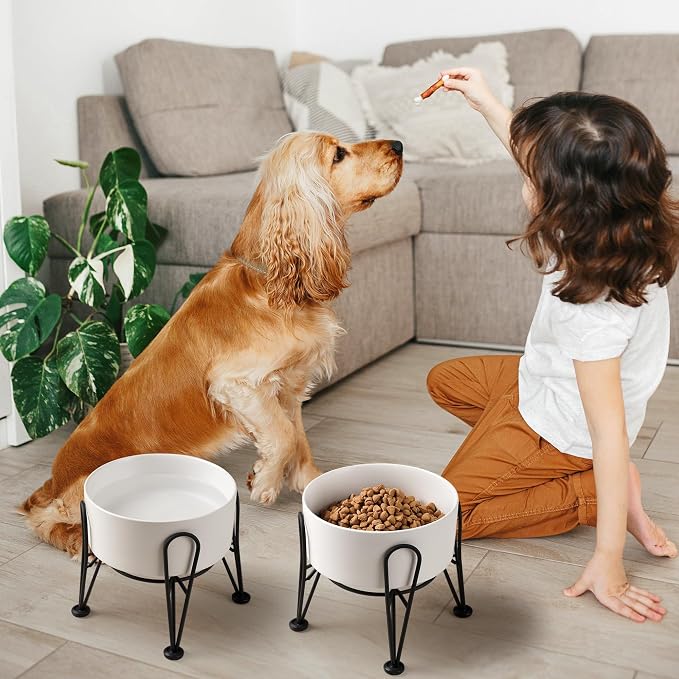 Elevated Dog Bowls, Ceramic Raised Dog Bowl Set with Anti-Slip and Non-Tip Metal Stand, 2 Pack Pet Food and Water Feeding Bowls for Small and Medium Dogs (White,7.6 Cups) - Image 6