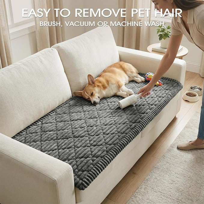 Non-Slip Washable Couch Cover for Dogs, Thick Plush Grid Flannel | 27.6"x82.7", Dark Gray, 0.8" Thick, Rubber Dot Backing, Pet-Friendly Protector for Sofa, Floor, Window Seat, Car or Camping - Image 6