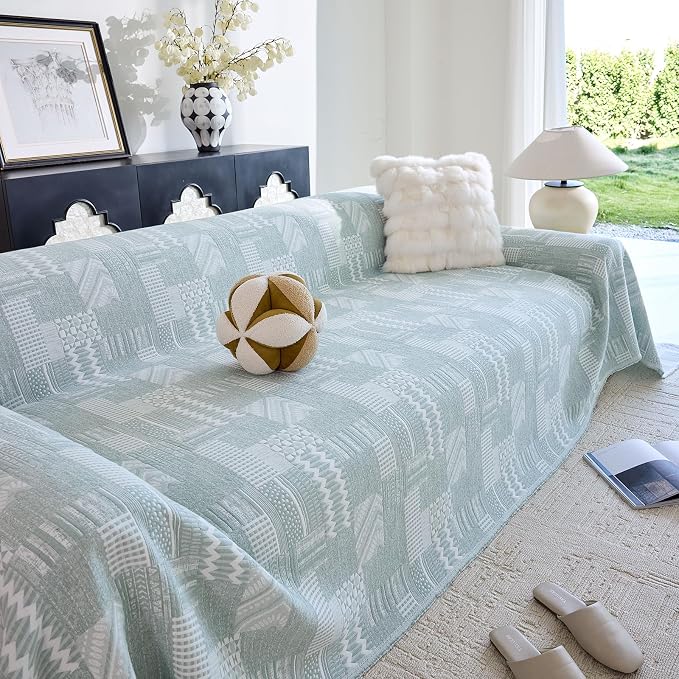 DREAMINGO Vintage Patchwork 3-Layer Gauze Geometric Jacquard Sofa Cover, Farmhouse Couch Cover Blanket for 3 Seater, Living Room Washable Furniture Protector, Mint Green, 91"x150" - Image 2
