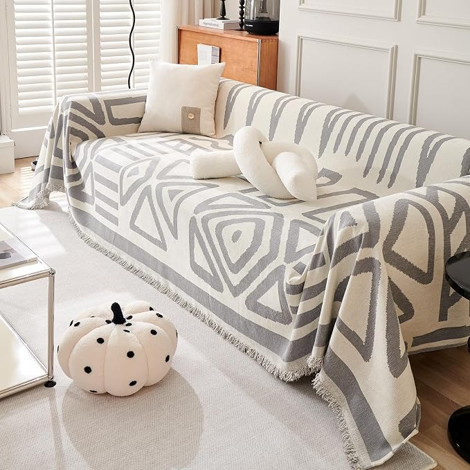VClife Bohemian Gray White Geometric Sofa Cover for Dog, Washable Cooling Couch Cover for 2 Cushion Couch, Pet Loveseat Protector for Living Room Bedroom Office, 71"X118" - Image 4