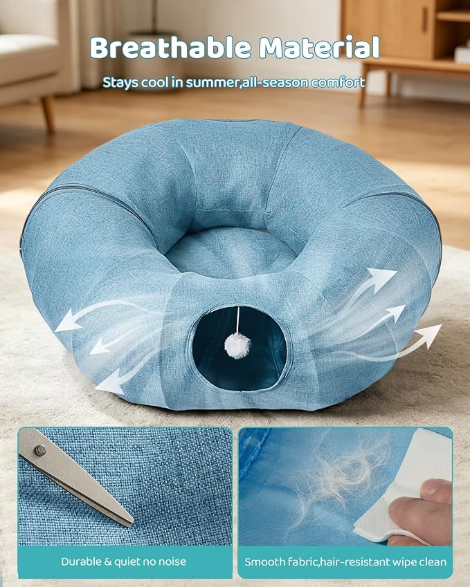 Odoland Linen Cat Tunnels with Central Cat Bed, Interactive Cat Toys Detachable Washable Soft Mat Large Indoor Play Tunnel Cave for Kittens and Small Animals - Image 3