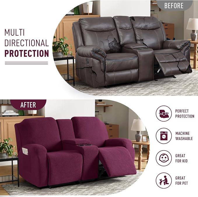 KinCam Loveseat Recliner Covers with Middle Console Slipcover, Burgundy | Stretch Recliner Sofa Covers for 2 Seat Couch Cover, Jacquard Furniture Protector Covers with Elastic Bottom for Kids, Pets - Image 3