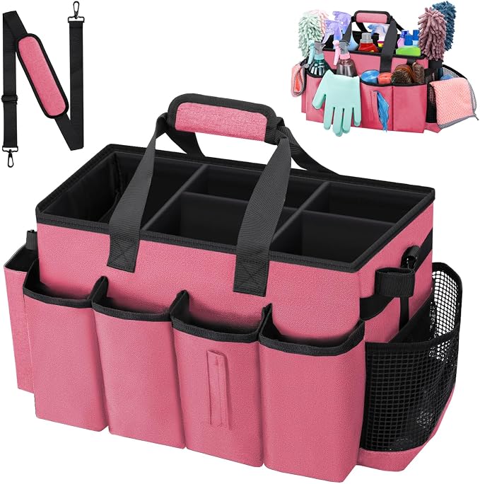 Wearable Large Cleaning Caddy Bag for Housekeeper, Clean Supply Organizer with Adjustable Shoulder, Waist & Handle Straps, Detailing Bag for Kitchen Supplies (Rosered) by wigojoy