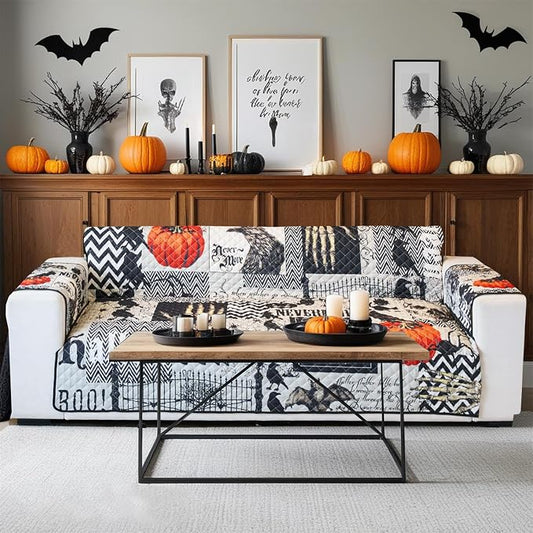 Cmfshape Halloween Sofa Slipcover-Black with Pumpkin,Crow,Skull,Pet Friendly Couch Covers for 3 Cushion Sofa,Washable Sofa Protector for Holiday,Anti-Slip with Elastic Band by cmfshape-quiltset