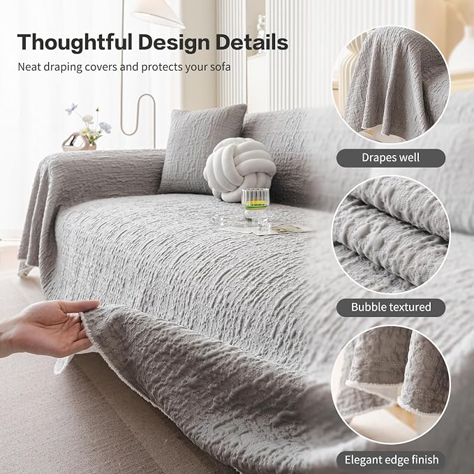 DREAMINGO Bubble Textured Cooling Sofa Cover, Ice Silk Breathable Couch Cover Blanket for Pet & Hot Sleepers, Washable Furniture Protector for 3 Cushion Couch, Ash Gray, X-Large 71"x134" - Image 4