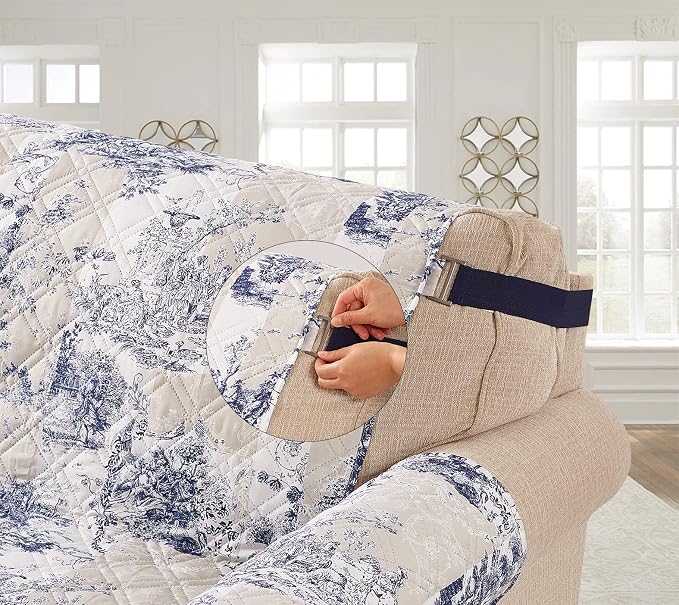Brilliant Sunshine Blue Toile Couch Cover, Beige & Ivory Patches, 70" seat | Non Slip Sofa Cover, Quilted Furniture Protector, Large Washable Slipcover for Pets, Dogs & Cats - Image 4