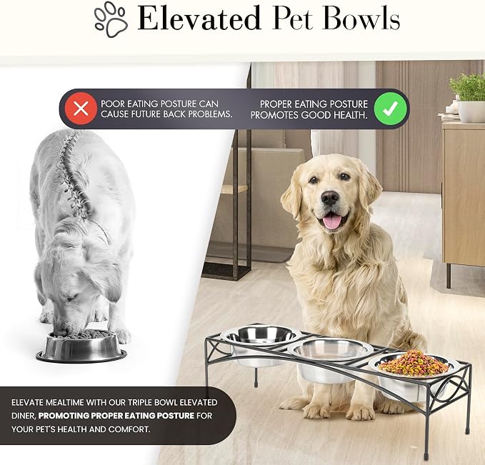 NMN Designs Regal Triple Diner - Triple Bowl Dog and Cat Feeder Stand - Ideal for Feeding Multiple Pets - Durable Wrought Iron Construction with 3-2 Qt Stainless Bowls - 26.5" L x 8" W x 7" H, Black - Image 3