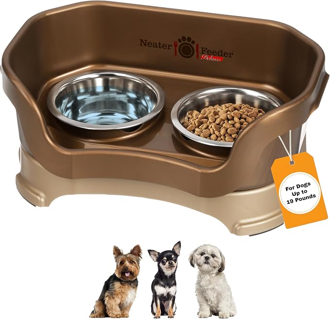 Neater Pet Brands Neater Feeder Deluxe Mess Proof Dog Bowls Elevated for Small Dogs Under 19 lbs, Made in USA, No Spill Raised Dog Food Bowl Stand Feeding Station, Food and Water Bowl Set, Bronze by NeaterPetBrands
