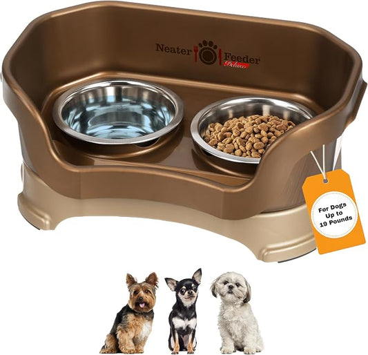 Neater Pet Brands Neater Feeder Deluxe Mess Proof Dog Bowls Elevated for Small Dogs Under 19 lbs, Made in USA, No Spill Raised Dog Food Bowl Stand Feeding Station, Food and Water Bowl Set, Bronze by NeaterPetBrands