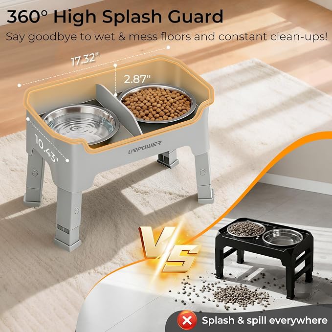 URPOWER Mess Proof Elevated Dog Bowls, Splash Guard Raised Bowl Stand | 4 Height Adjustable Raised Stand with 2 Stainless Steel Food Bowls & Licking Plate for Small, Medium & Large Dogs - Image 3