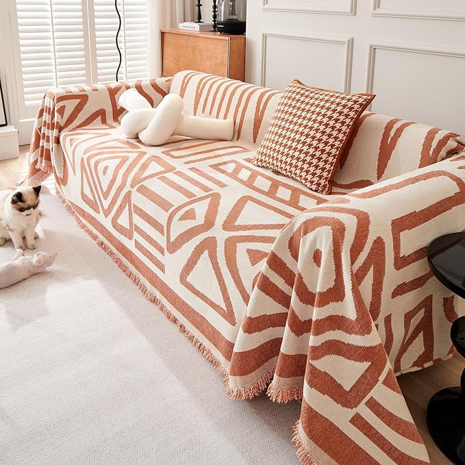 VClife Bohemian Sofa Covers for Dog, Washable Pet Slip Cover for Couch Sofa, Soft Cooling Chenille Couch Cover for 3 Cushion Couch Sofa Living Room Furniture Protector, Caramel-White, 71"X134" - Image 7