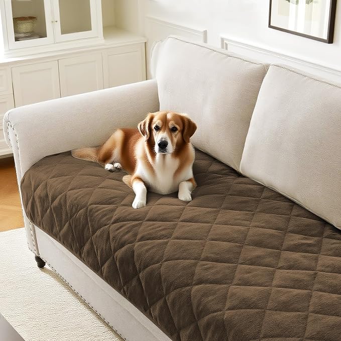 PrinceDeco Couch Covers for Dogs Chenille Sofa Covers for 2 Cushion Washable Quilted Checkered Fuzzy Pet Couch Cover Soft Couch Protector Non-Slip Sofa Pads for Puppy Cat Kids(34.5" x 60", Brown) by PrinceDeco