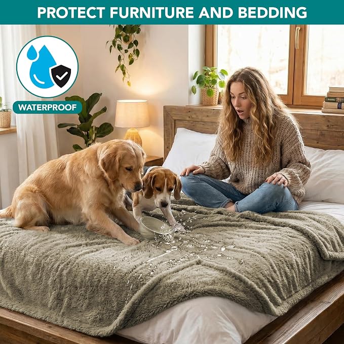 PetAmi Fluffy Waterproof Dog Blanket for Couch and Bed, Reversible Sherpa Pet Throw, Pee Proof Furniture Protector Sofa Cover, Washable Cat Blanket for Medium Large Dogs and Cats (Taupe Camel, 40x60) - Image 2