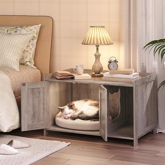 MAHANCRIS Cat Litter Box Enclosure, Hidden Litter Box Furniture with Divider, Indoor Cat House, Wooden Cat Washroom Storage Cabinet Bench, Side End Table Nightstand, Greige CWHG2501Z - Image 5