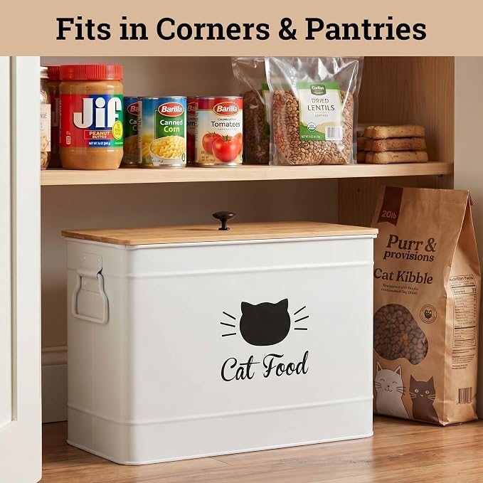 Metal Cat Food Container with Scoop, 15lb (50 Cup) w/ Airtight Bamboo Lid | 15 lb / 50 Cup Capacity, 1 Cup Metal Scoop, Durable Powder Coated Iron Body, Rubber Lined Bamboo Lid, Sturdy Metal Handles - Image 7