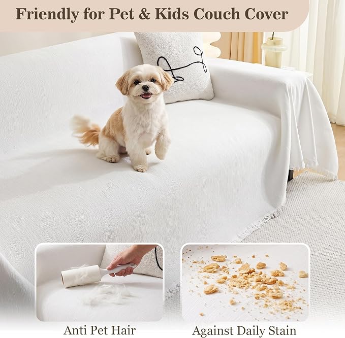 MEETSKY White Couch Cover - 91 Inch Large Couch Slipcover with Tassel Edge, Washable Pet Sofa Cover for Dogs & Cats - Image 2