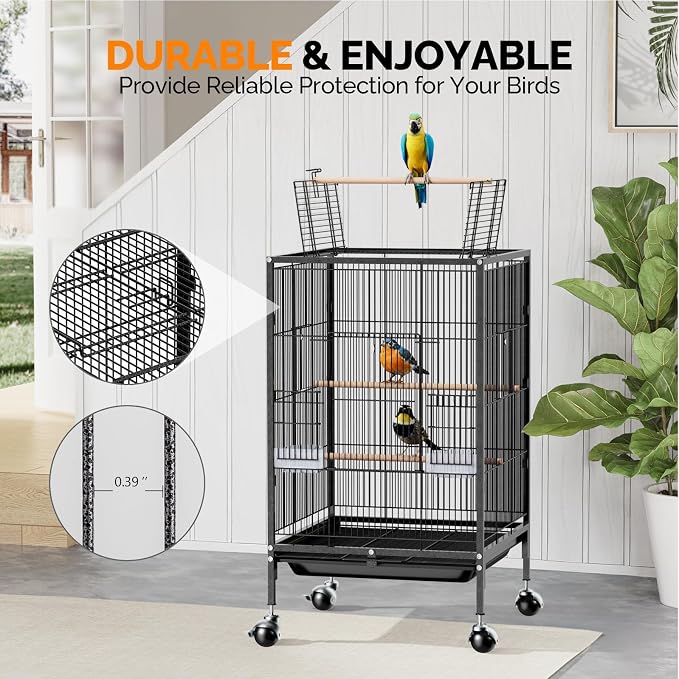 VINGLI 38-inch Bird Cage with Wheels, Durable Wrought Iron Parakeet Cage with Slide Out Tray, Black Bird Cages for Parakeets/Lovebird/Cockatiels/Budgies and Other Small/Medium Birds (Medium-38 inch) - Image 7