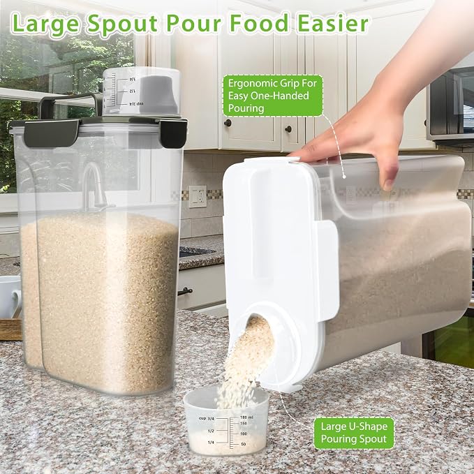 Viretec Rice Storage Container, 5 to 10lb Dry Food Airtight Dispenser, Pet Dog Cat Food Canister, BPA Free Clear Plastic Kitchen and Pantry Bin for Oatmeal, Cereal, Pasta, Flour Pack of 2 Grey - Image 3