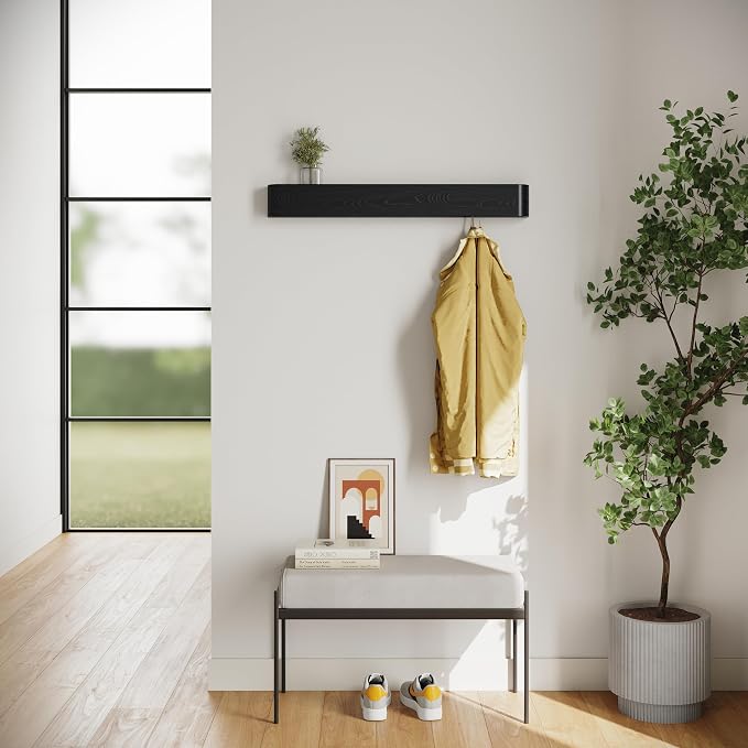 Kazai. Wall-Mounted Coat Rack 'Toke' - Modern Design Coat Rack with Hidden Wall Hooks - Solid Wood Veneer Panel Coat Hanger - Oak, Black - Image 6