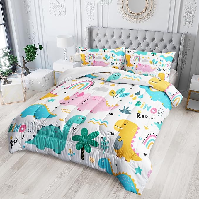 Nttopship Cute Cartoon Dinos Comforter Sets Queen Size for Kids, Cartoon Dinosaurs and Rainbows Comforter Sets All Season 1 Comforter and 2 Pillowcases - Image 2