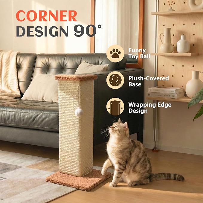 PETKARAY Couch Corner Cat Scratcher, 22.5" Sisal Scratching Post for Indoor Cats, Corner Wall Scratch Pad for Furniture Protection, Plush Base, Medium - Image 2