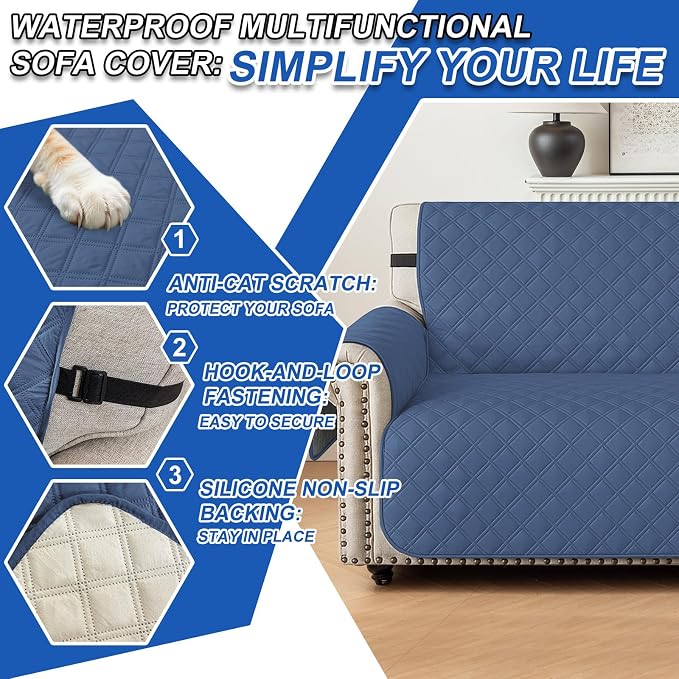 Waterproof Couch Cover for Pets, Sofa Covers for 3 Cushion Couch Washable, Non Slip Couch Covers for Dogs with Side Pockets Elastic Straps, Quilted Couch Covers for Sofa (Sofa, Berlin Blue) - Image 6