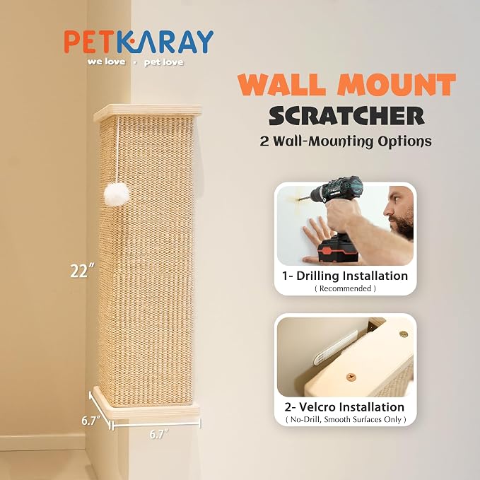 PETKARAY Sisal Corner Cat Scratcher, 22" Large Cat Wall Scratcher, Scratching Post for Indoor Cats, Wall Mounted Sisal Scratch Pad with Toy Ball - Image 5