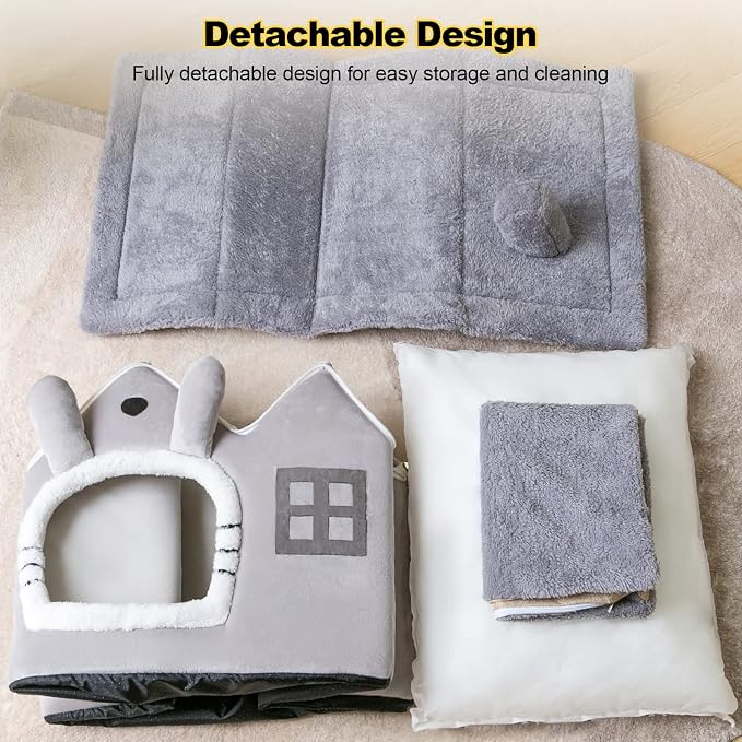 Cat Cave Bed, Warm and Cosy Plush Cat Igloo, Washable Dog Bed with Removable Pillow Cushion, Improve Sleep, Foldable Cat House(L, Grey) - Image 3