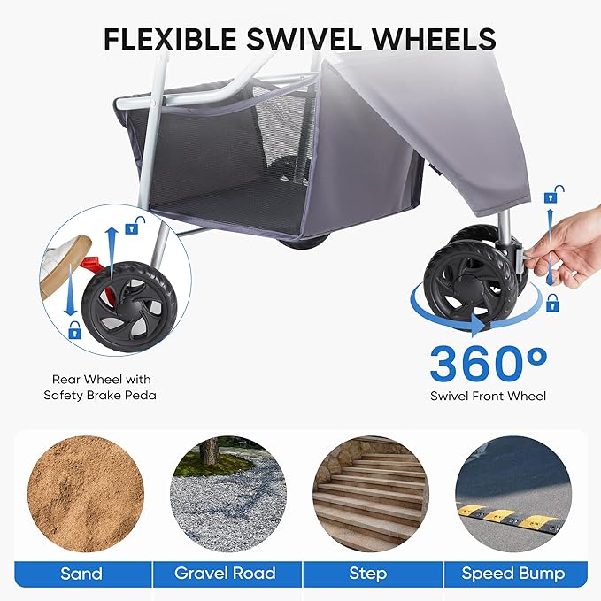 NEWBULIG 3 Wheel Pet Stroller for Dogs and Cats, Foldable, Lightweight and Durable, Ideal for Small to Medium Pets, Includes Storage Basket and Cup Holders